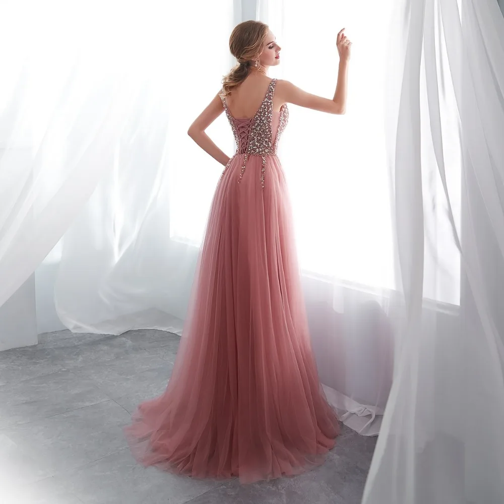 Beading Prom Dresses 2024 Plus Size Pink High Split Tulle Sweep Train Sleeveless Evening Gown A-line Lace Up Backless Vestido De