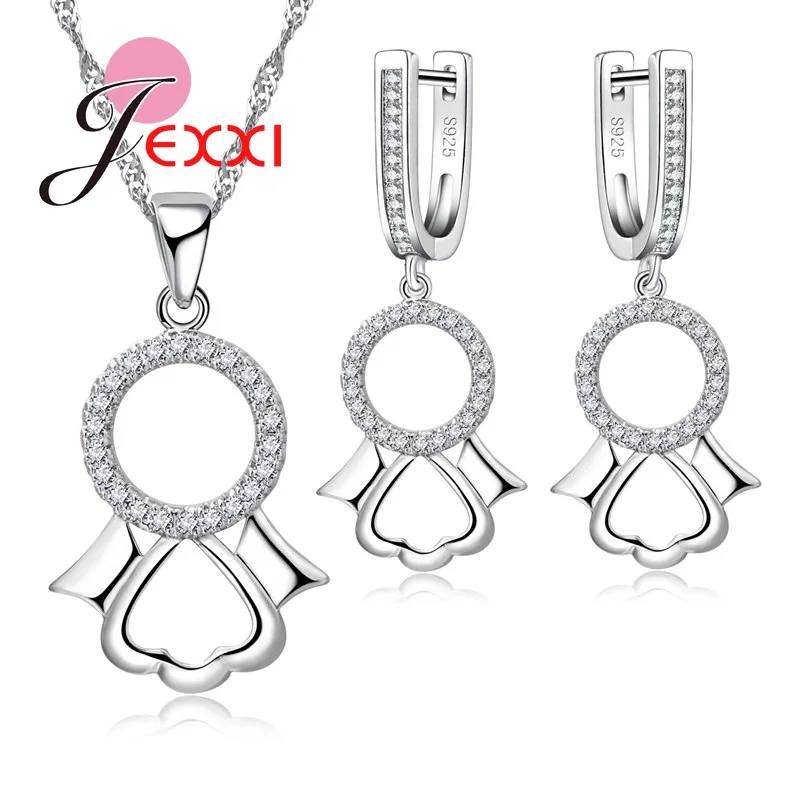 Fashion Charm Jewelry Sets Round Circel Heart Pendant Necklaces Hoop Earrings Set For Woman 925 Sterling Silver Jewellery