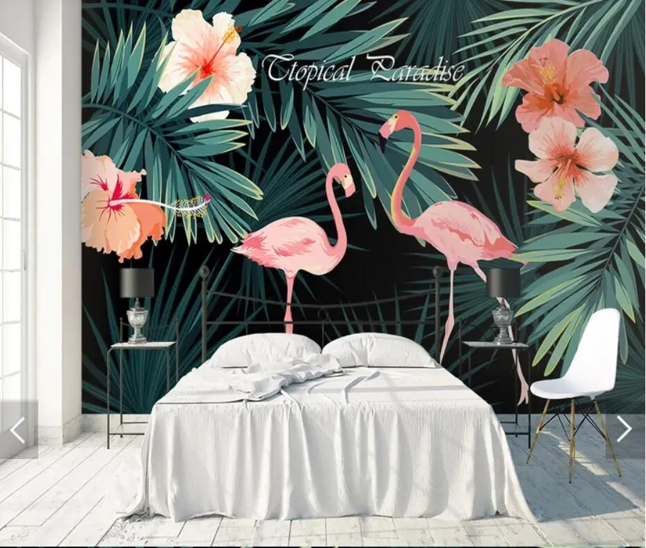 

3D Tropical Flower Flamingo Wallpaper Mural for Living Room Bedroom Decor Hand Painted Contact Paper Murals