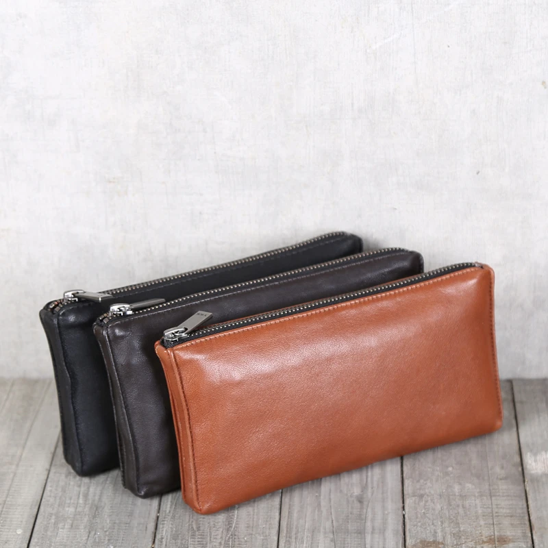 Men Long Wallets Genuine Leather Luxury Simple Clutch Bag Women Casual Cell Phone Purses Big Capacity Zipper Money Pouch