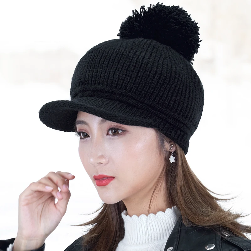 Kagenmo High Quality Knit Rabbit Cotton Blended Women Winter Hat Short Brim Bouncy Visor Double Keep Warm Winter Cap