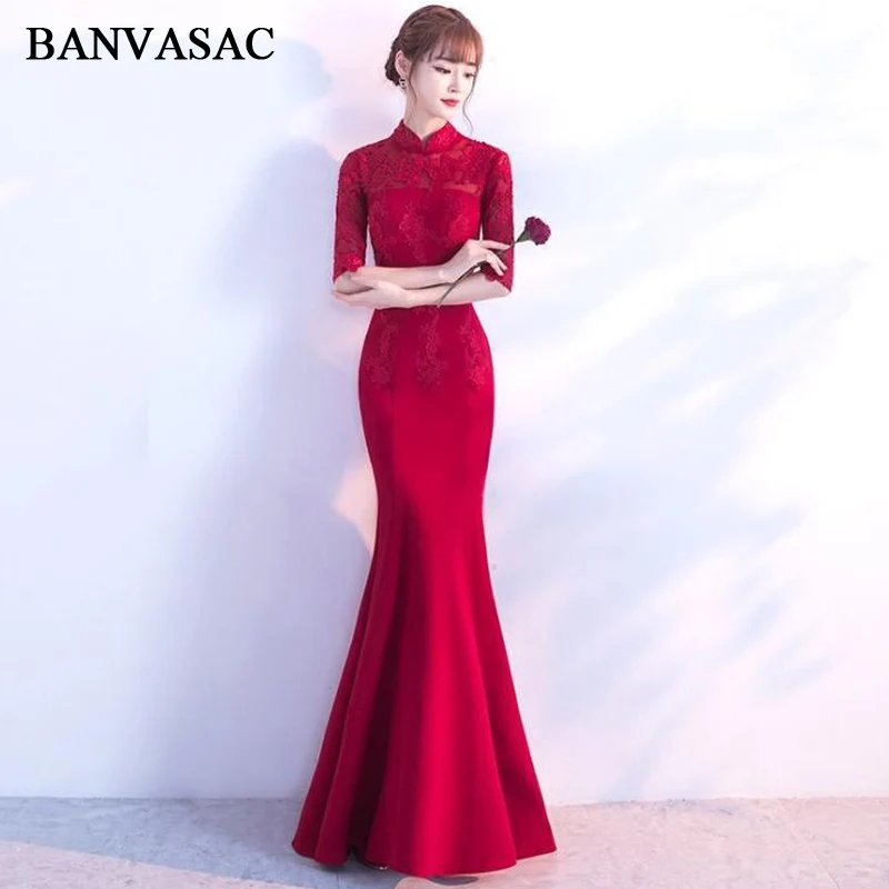 

BANVASAC 2018 Vintage High Neck Appliques Mermaid Long Evening Dresses Party Lace Half Sleeve Zipper Back Prom Gowns