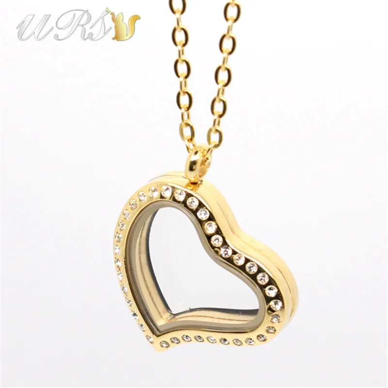 30mm Curvy Heart Magnetic Closure Czech Crystals 316L Stainless Steel Black Floating Glass Locket Pendant with Necklace