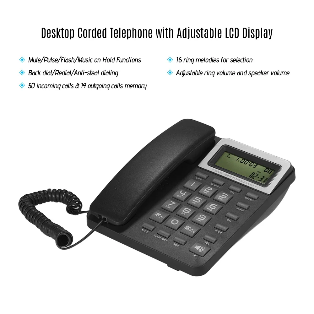 Desktop Corded Landline Phone Fixed Telephone with LCD Display Mute/ Pause/ Hold/ Flash/ Redial/ Hands Free/ Calculator Function