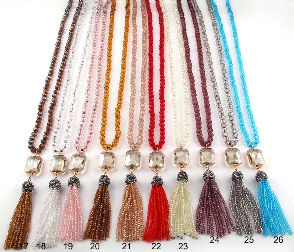 Fashion Bohemian Jewelry Glass Long Knotted Rectangle Crystal Link Tassel Necklaces For Women