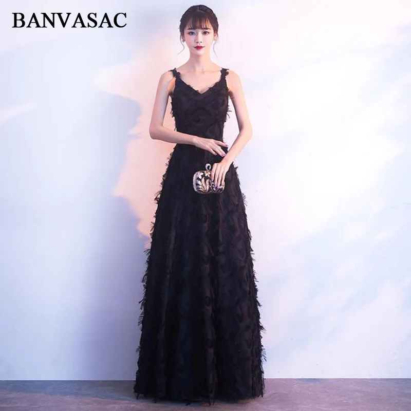 BANVASAC-Robe de Soirée Longue en Tulle, Col en V, Ligne A, Plumes, Bretelles Spaghetti, Dos aux, Bal de Promo, Quelle que soit