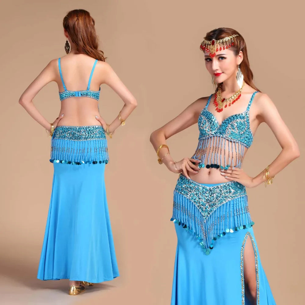 

Lady Belly Dance Costume S/M/L 3pcs Bra&Belt&Skirts Sexy Dancing women dance clothes Set bellydance wear 4 color Indian Dresses