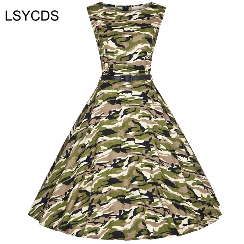 Vestido de mujer verde militar verano Audrey Hepburn 50s 60s Vestidos Vintage Vestidos Rockabilly camuflaje XS-4XL