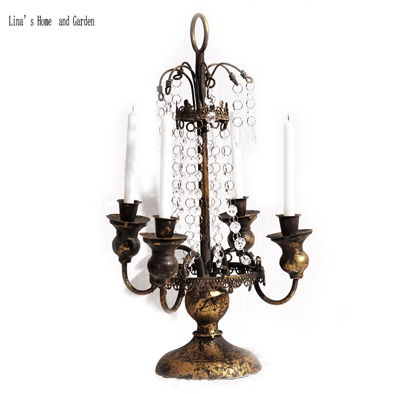 4 arms antique vintage golden metal candle holder crystal candelabra