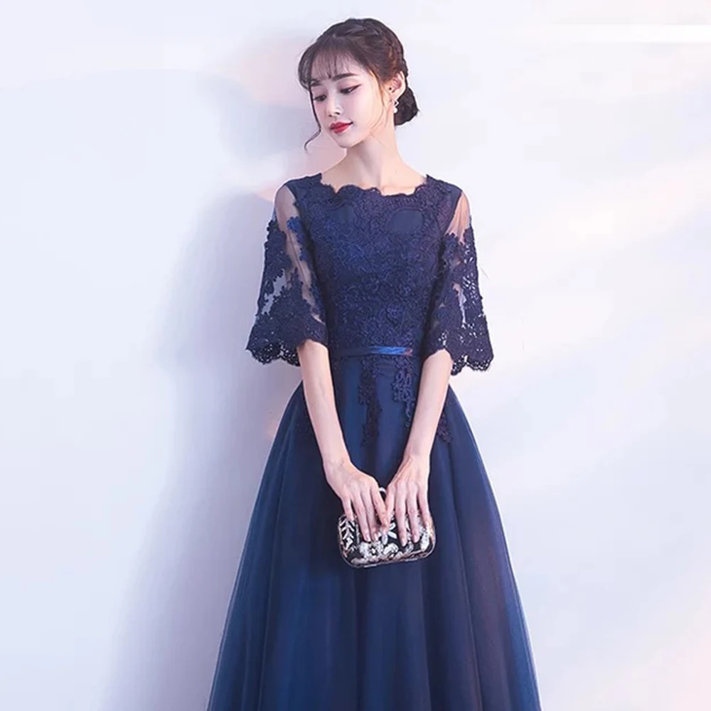 DONGCMY NEW ARRIVAL EVENING DRESS BANDAGE LACE EMBROIDERY LUXURY SATIN SHORT SLEEVED LONG ELEGANT ROBE DE SOIREE GOWN