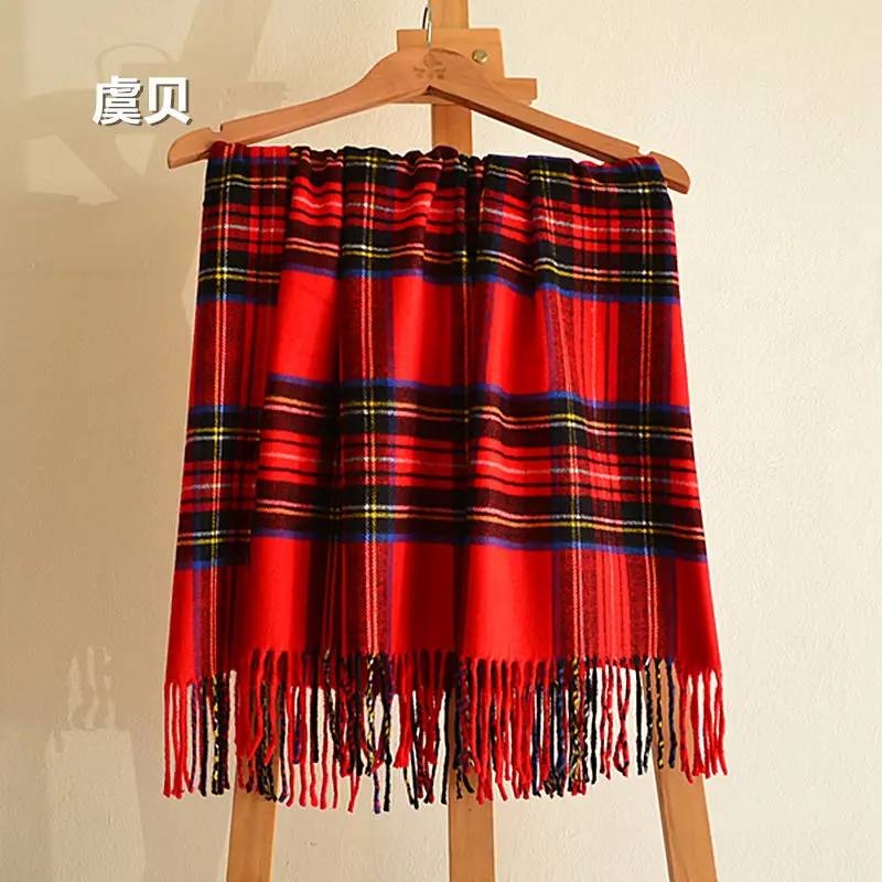 Faux cashmere shawl winter red plaid blanket tassel scarf cape warm pashmina unisex acrylic scarves men or women christmas gifts