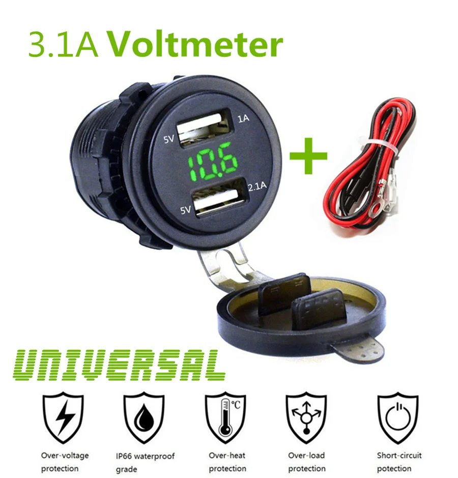 3 Colors Waterproof Dual USB Power Outlet 3.1A with Voltmeter & Wire In-line 10A Fuse for 12-24V Car Boat Marine Motorcycle