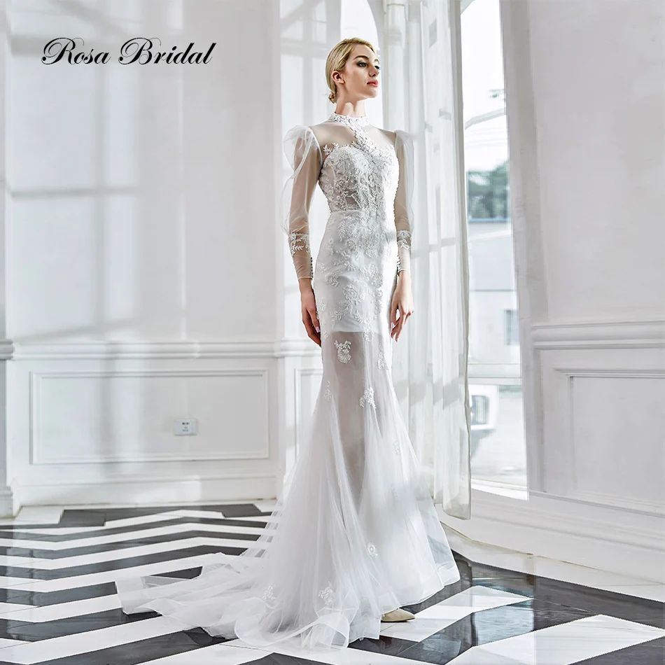 Rosabridal Mermaid Wedding Dress 2019 New Styles High Neck juliet long sleeves Beading lace appliques nude Trumpet Bridal Gown