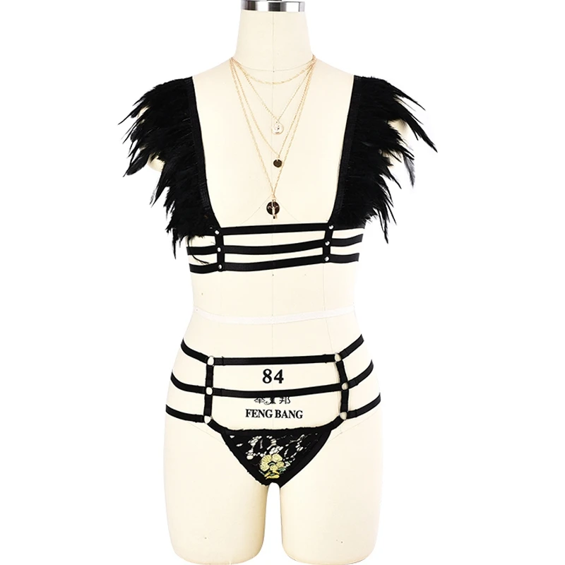 

Feather Epaulette Wings Body Harness Set Top Cage Bra Pastel Goth High Waist Black Lace Embroidery Bottom Pantie Harness Belt