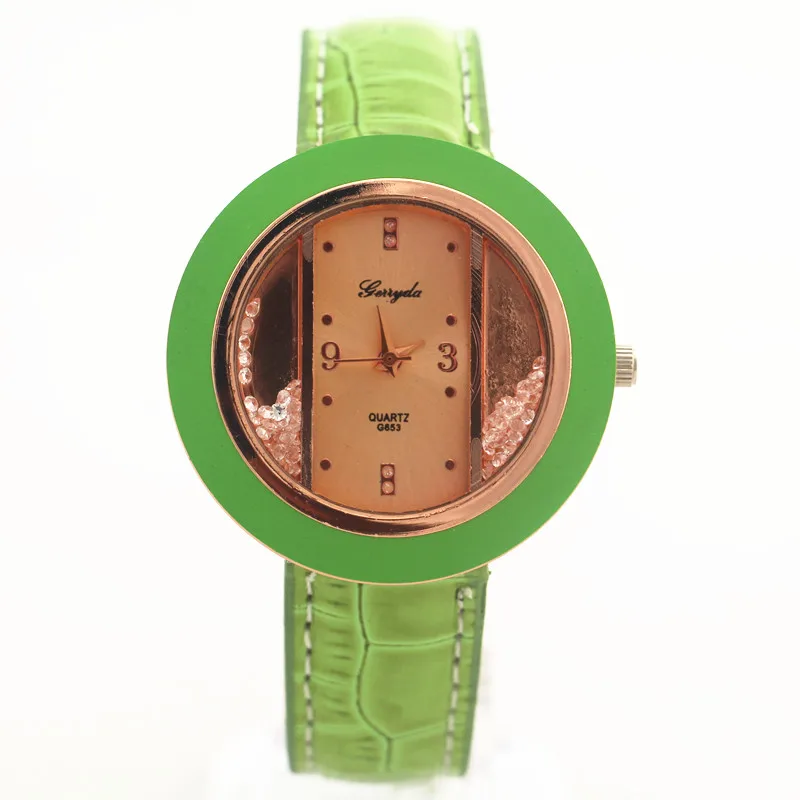 

Promotion price!PVC leather band,moving sand stone,plastic ring deco on case,Gerryda fashion lady quartz leather watches