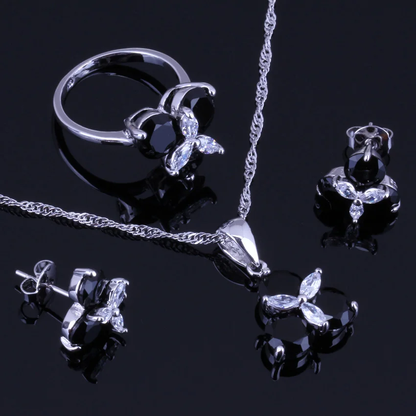 

Hot Sell ! Black Cubic Zirconia White CZ Silver Plated Jewelry Sets Earrings Pendant Ring Size 6 7 8 9 10 V0001