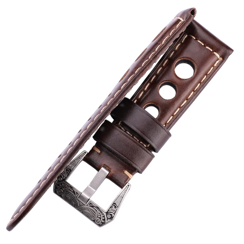 Oil Wax Genuine Leather Watchbands 22mm 24mm Dark Brown Women Men Cowhide Watch Band Strap Belt With Black Pin Buckle