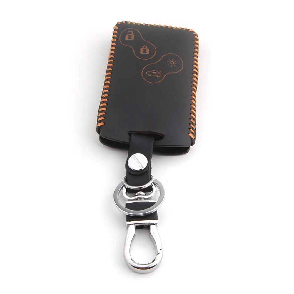 BBQ@FUKA Yellow Thread Leather 4 Buttons Car Remote Key Chain Holder Bag Cover Case Fob Keyfob Fit For Koleos Fluence Laguna