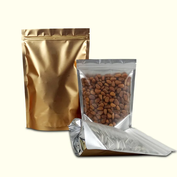 Clear Front Silver Gold Rear Pure Aluminum Foil Ziplock Bag Stand Up Pouch Zipper Resealable Food Tea Nuts Packaging Doypack