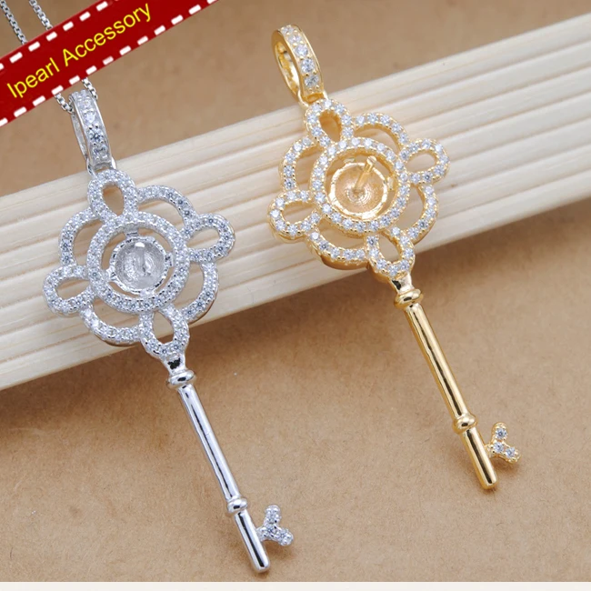 S925 Sterling Silver Keys Pendant Jewelry Findings&Components Women DIY Pearl Pendant Holder Keys with Rhinestones Accessory