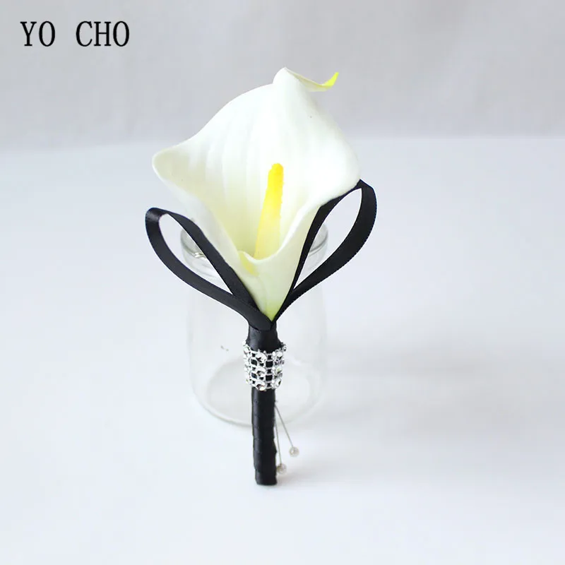 YO CHO Real Touch Calla lily Boutonnieres Flowers Buttonhole Corsage White Blue Groom Boutonniere Wedding Marriage Accessories