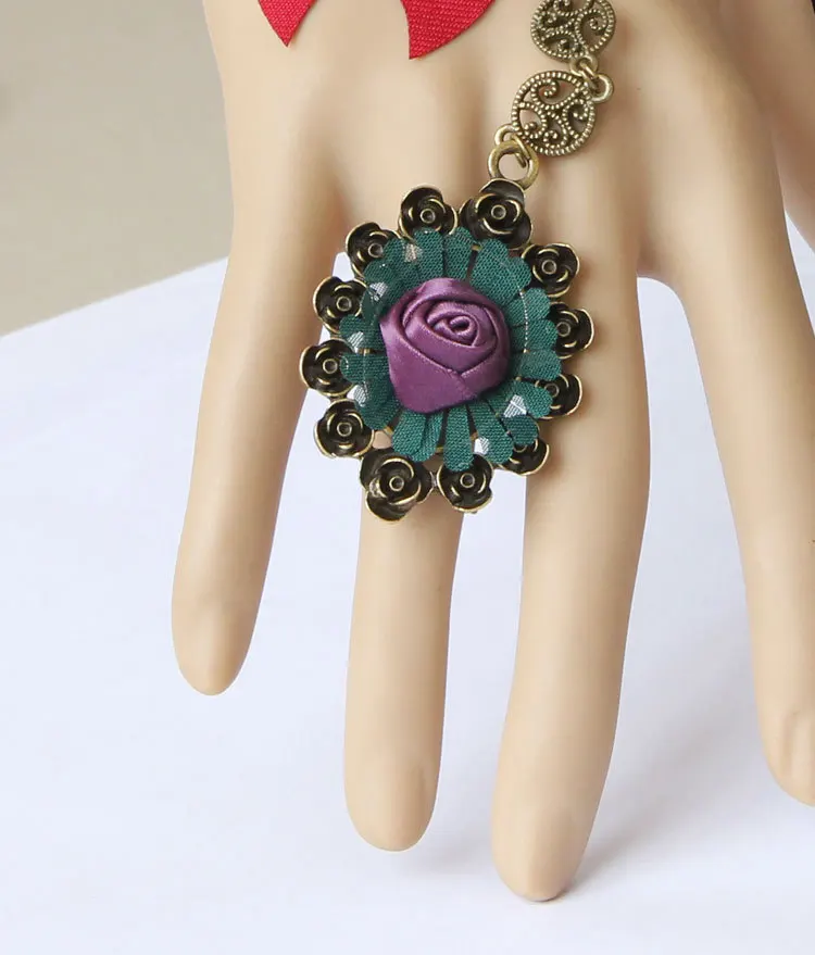 Handmade Women Multi Big Flower Peacock Style Yarn Bronze Adjustable Ring Bracelet Slave Set Cosplay Lolita Gothic Fashion Party