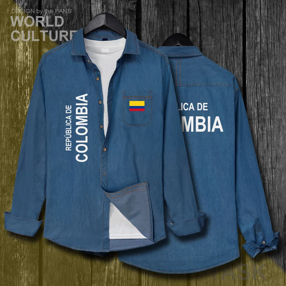 Colombia Colombian COL CO Men Flags Clothes Autumn Cotton Long Sleeve Cowboy Coat Fashion Turn-down Collar Jeans Shirt Tops New