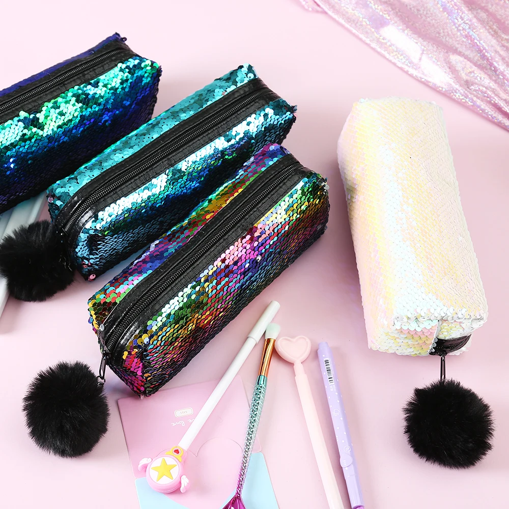 Hairball Cosmetic Bag School Sequins Pencil Case Cute Kawaii Purse Stationery Pencilcase Large Penal Travel Storage Bag Pouch Bo