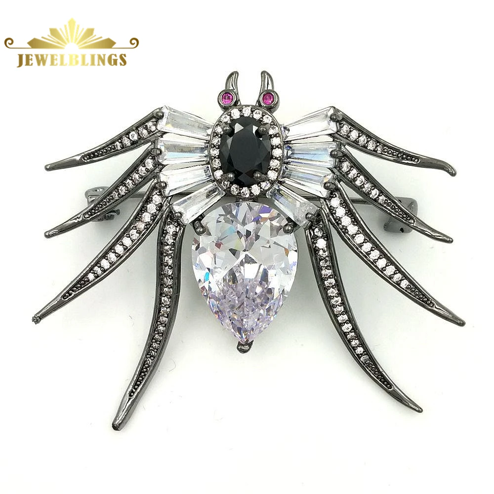 Shiny Antique Baguette Cut Eight-Legged Red Eyes Pear & Oval CZ Body Black Spider Brooches Pin for Halloween Witch Party Jewelry