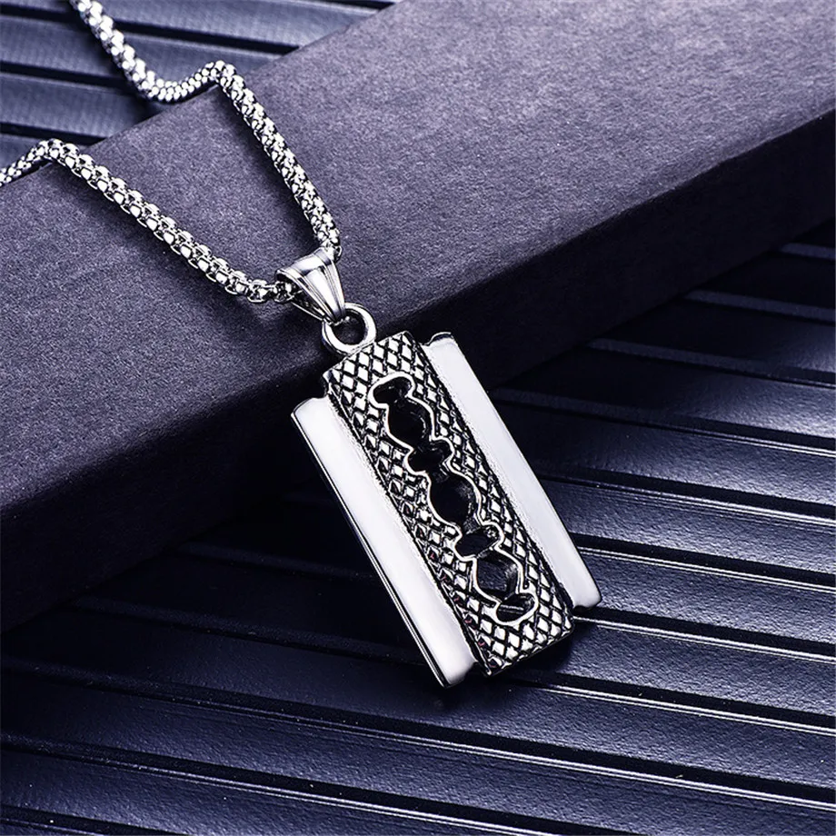 Punk Razor Blade Pendants Necklaces Gold Color Stainless Steel Chain Barber Shop Necklace for Men Jewelry