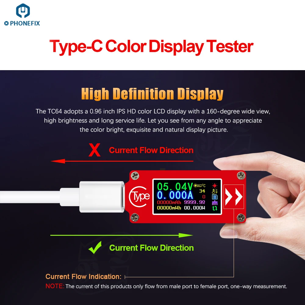 RD TC64 Type-C مقياس متعدد صغير ملون 0.96 بوصة شاشة الكريستال السائل USB الفولتميتر مقياس التيار الكهربائي