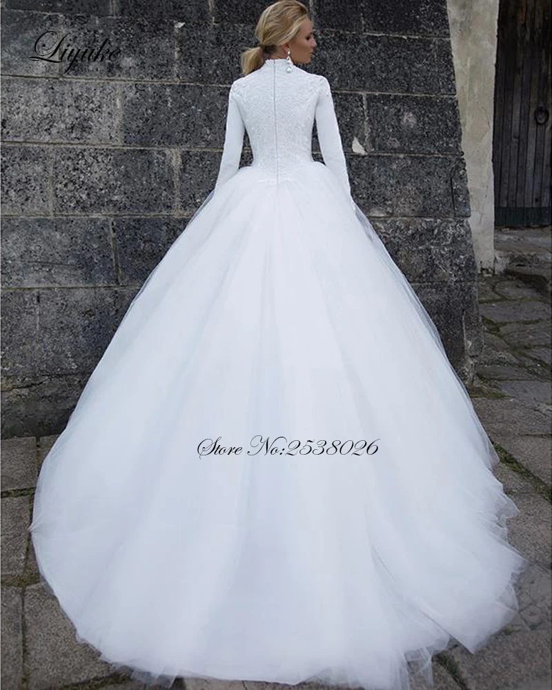 Liyuke High Neckline Lush Tulle Ball-Gown Wedding Dress Satin Fabrics Zipper Back Closure Princess Wedding Gown New Arrival