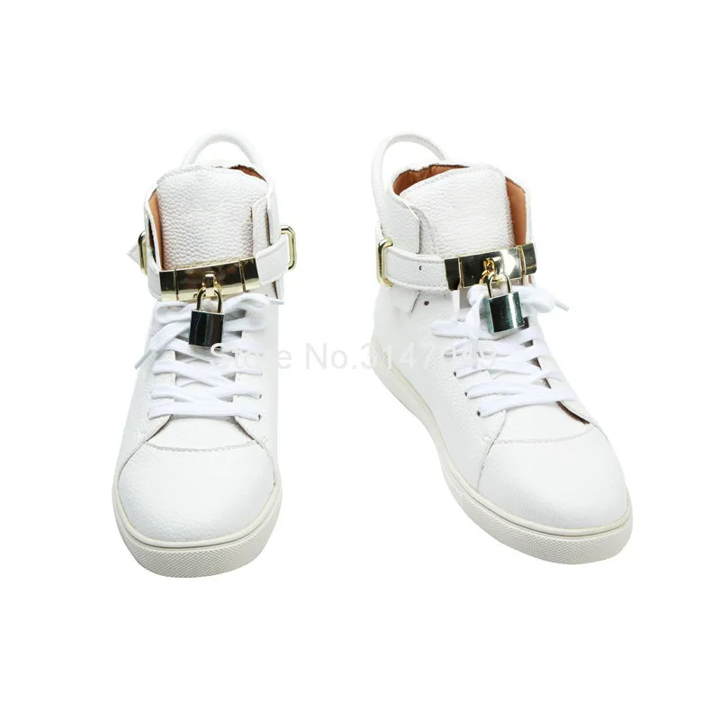 Fashion White Hip Hop Shoes Men Sneakers Lace Up Metal Lock Leather Casual Shoes Men Solid Waterproof Moccasin Shoes New Arrival