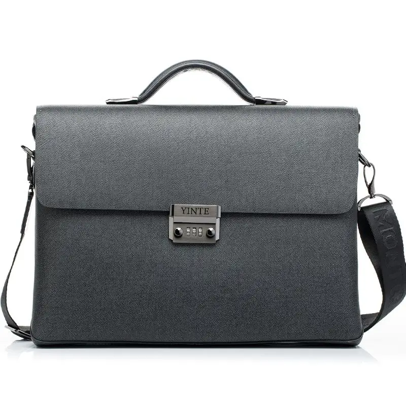 YINTE Gray Black Briefcase Leather Men's Business Office Bags Fashion Laptop Briefcase Shoulder Attache Portfolio Tote T8518-6