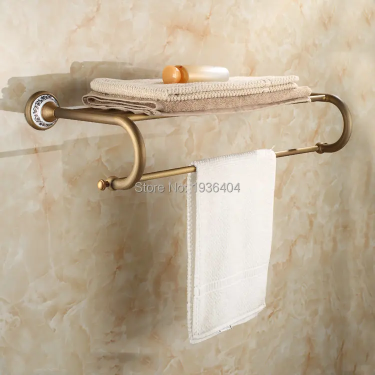 Wholesale and Retail Antique Brass with Porcelain Bathroom Towel Racks Double Towel Rack Wall Mounted Towel Shelf TR1001