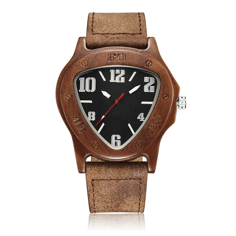 Reloj de madera minimalista para hombre, pulsera de cuarzo, con correa de cuero natural, estilo triangular, Retro