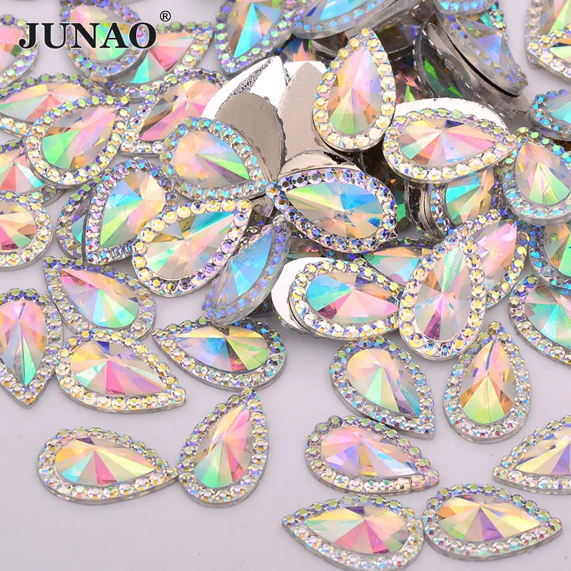 JUNAO 8x13mm 10x14mm Drop Shape Crystal AB Resin Rhinestones Non Sewing Beads Glue On Flat Stones Applique Scrapbook Strass