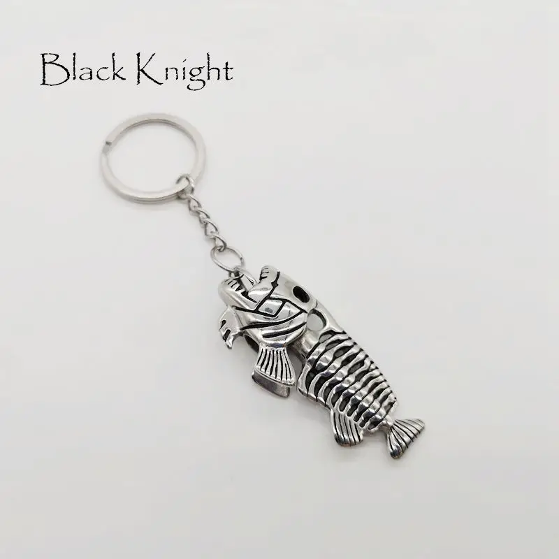 Black Knight Gothetic Fish bones key chain Retro silver color stainless steel Fish skull charm keyring hanging charm BLKN0193-KC