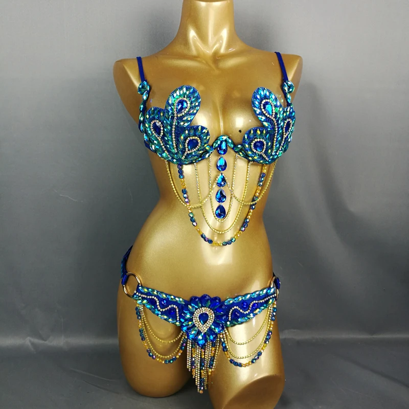 

Sexy Samba Carnival Bra Belt 2 Piece Set For Women Rainbow Stone ROYAL BLUE free shipping