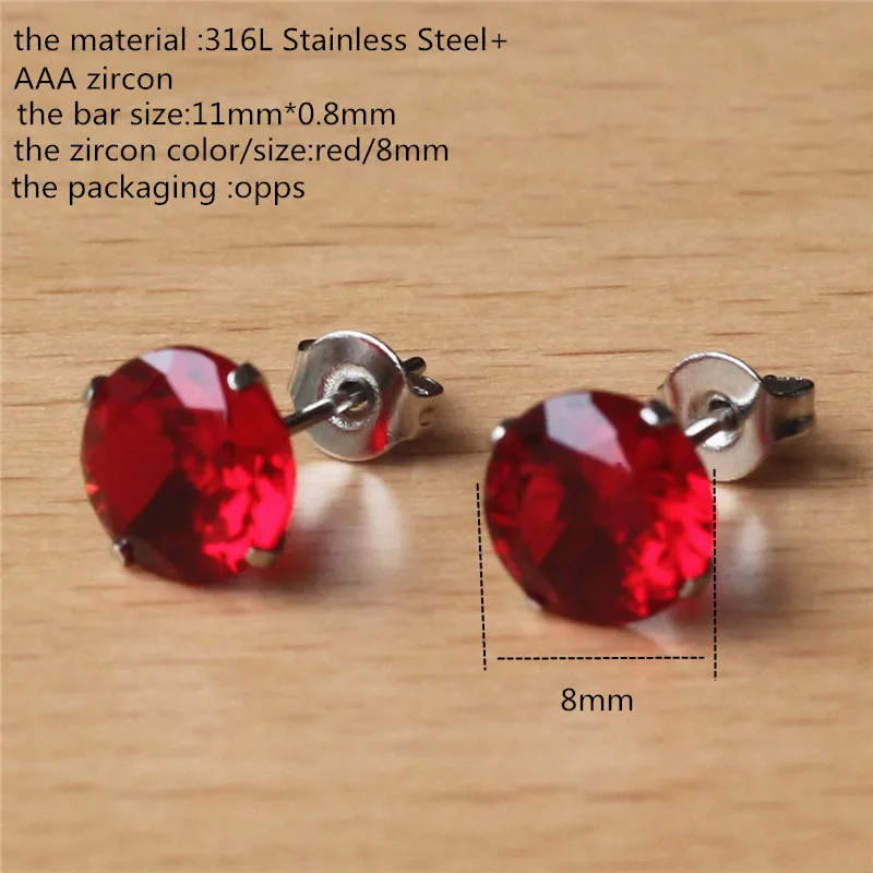 316 L Stainless Steel With 8mm Round AAA Red Zircon Stud Earrings For Men And Women 201903011412