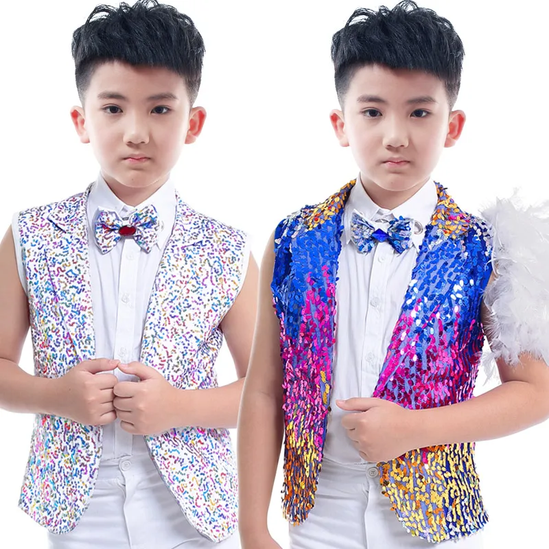 Stage Costumes Boys Jazz Dance Performance Children\'S Color Silver Sequined Vest Jacket Kids Hip Hop Clothing Show Wear DNV10057