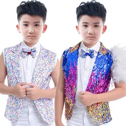 Stage Costumes Boys Jazz Dance Performance Children'S Color Silver Sequined Vest Jacket Kids Hip Hop Clothing Show Wear DNV10057