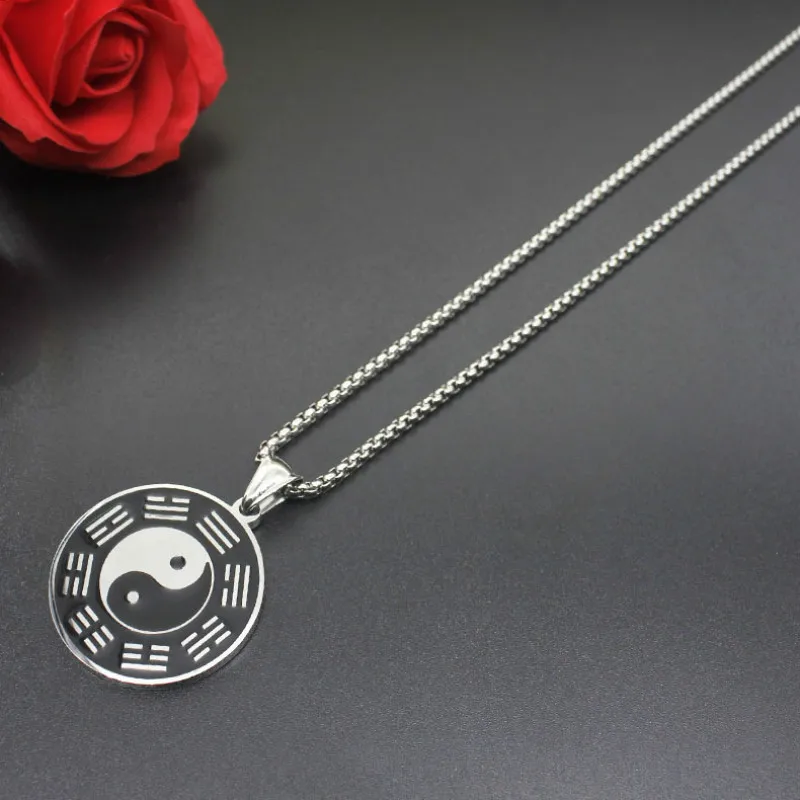 316L stainless steel Silver color Enamel Black White Circle Bagua Tai Chi Ying Yang Pendant Collar Lucky Necklace Jewelry