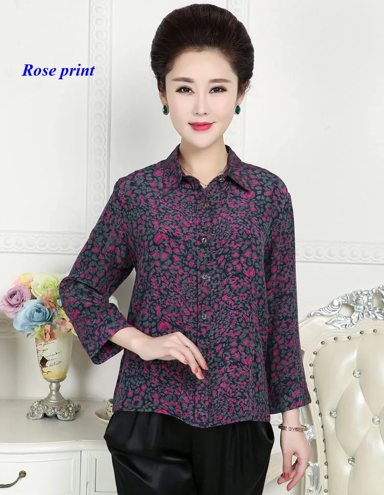 Lady Pure Zijde Crêpe-De-Chine Turn-Down Kraag Shirt, 100% Zijde Negen Mouwen Print Blouse Vrouwen, Met Gift Masker