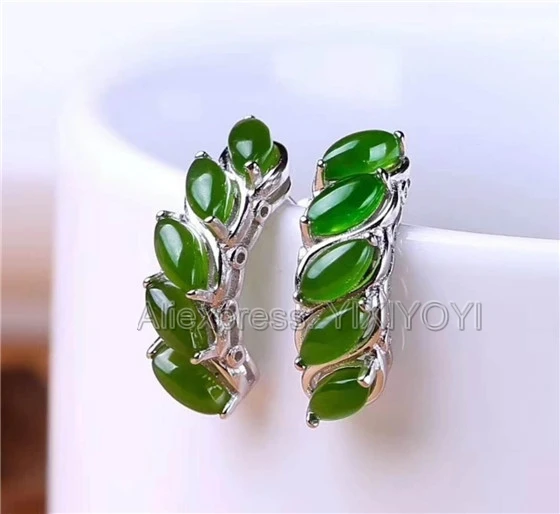 

925 Sterling Silver Green HeTian Jade Oval Beads Inlay Flower Design Lucky Ear Earrings Girl's Charm Gift Fine Jewelry