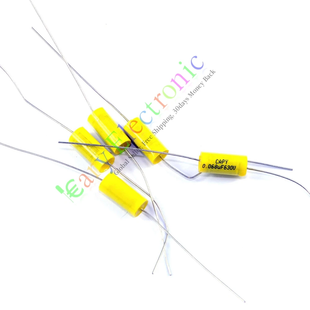 

Wholesale and retail 100pc yellow long lead Axial Polyester Film Capacitor 0.068uF 630V fr audio amps free shipping