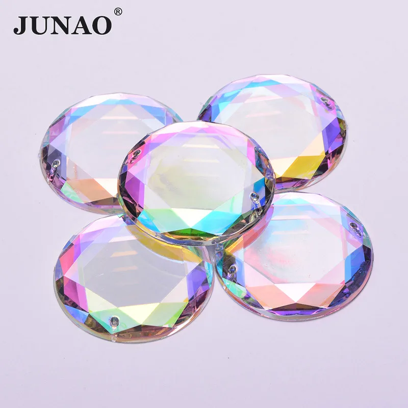 JUNAO 36mm 20pcs Sew On Crystal AB Rhinestones Big Applique Clear Crystals Stones Flat Back Round Acrylic Strass for Clothes