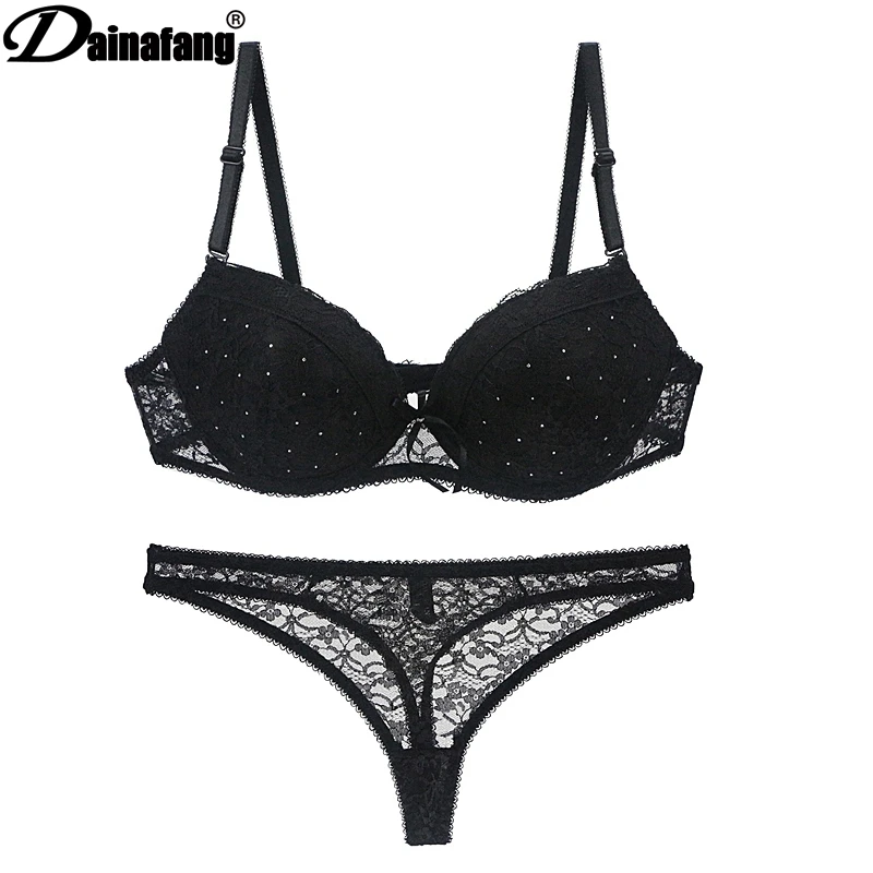 New Lace Drill Bra Sets Womens Plus Size Panty Push Up Underwear Female Thong 34 36 38 40 42 BCDE Cup Female Lingerie