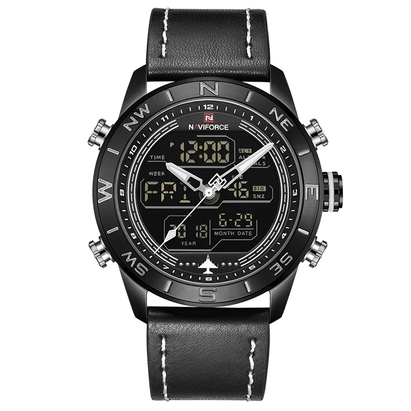 2018 Uomini Orologi NAVIFORCE Top Cuoio di Marca di Lusso Della Vigilanza Del Quarzo Degli Uomini di Modo Doppio Display Sport Orologio Digitale