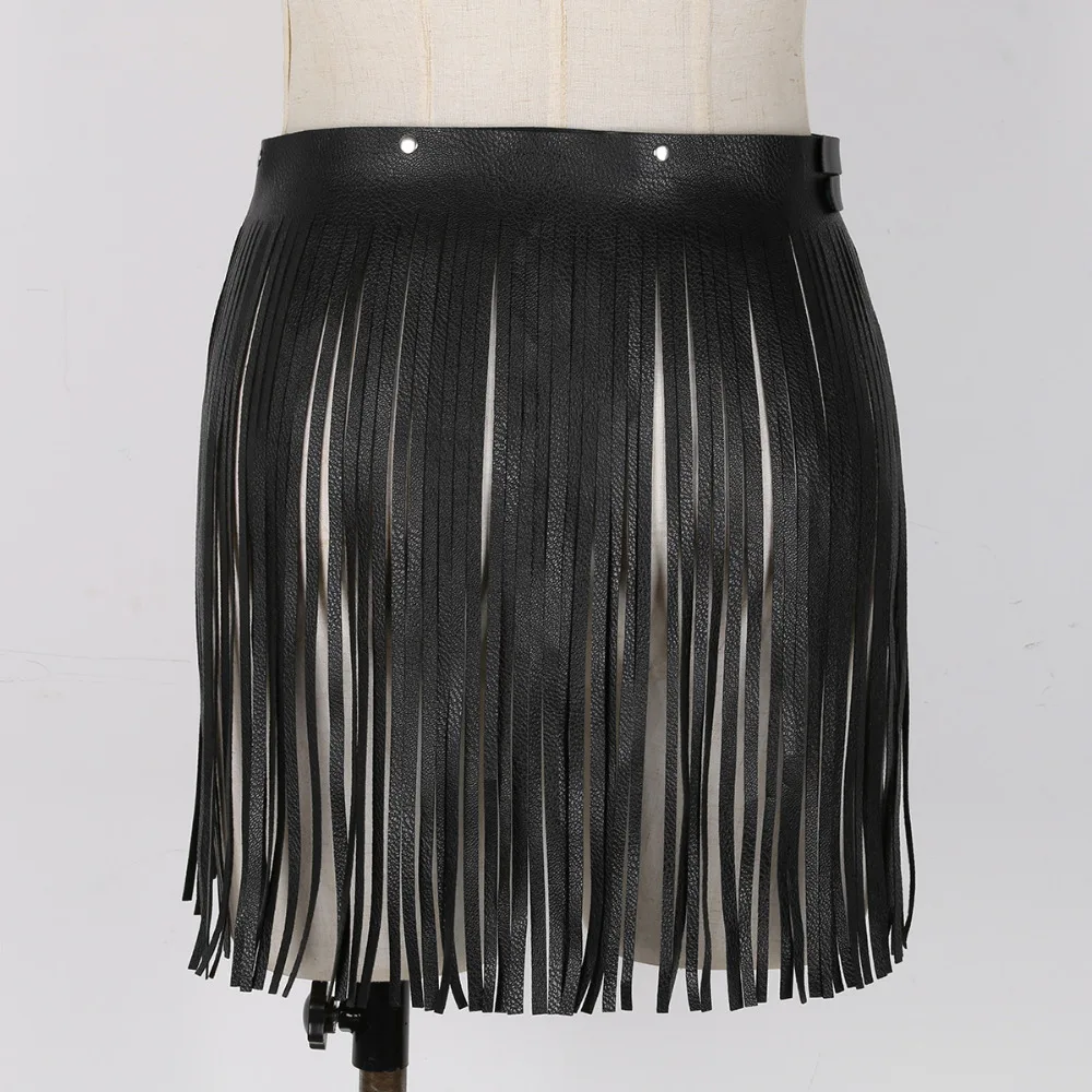 Womens Adult Adjustable Faux Leather Waistband Fringe Tassel Skirt Belt Nightclub Costume Cosplay Parties Skirts for Halloween